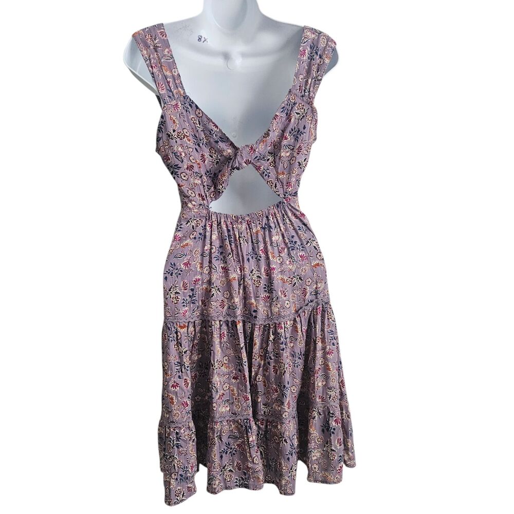 Angie Womens Floral Babydoll Mini Dress Large Purple Boho Tiered Open Back - Picture 4 of 8